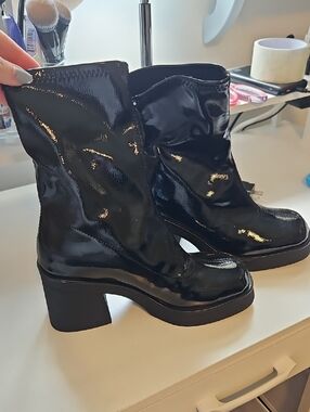 Black Patent Platform Block Heel Boots